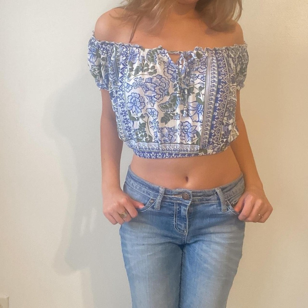 Vintage Angie boho floral off-shoulder crop top